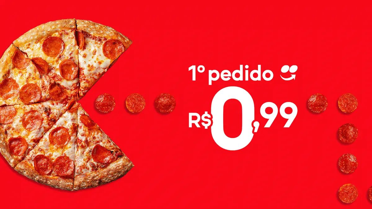 iFood key visual, first-order pizza promo with the offer built into the composition, landscape.