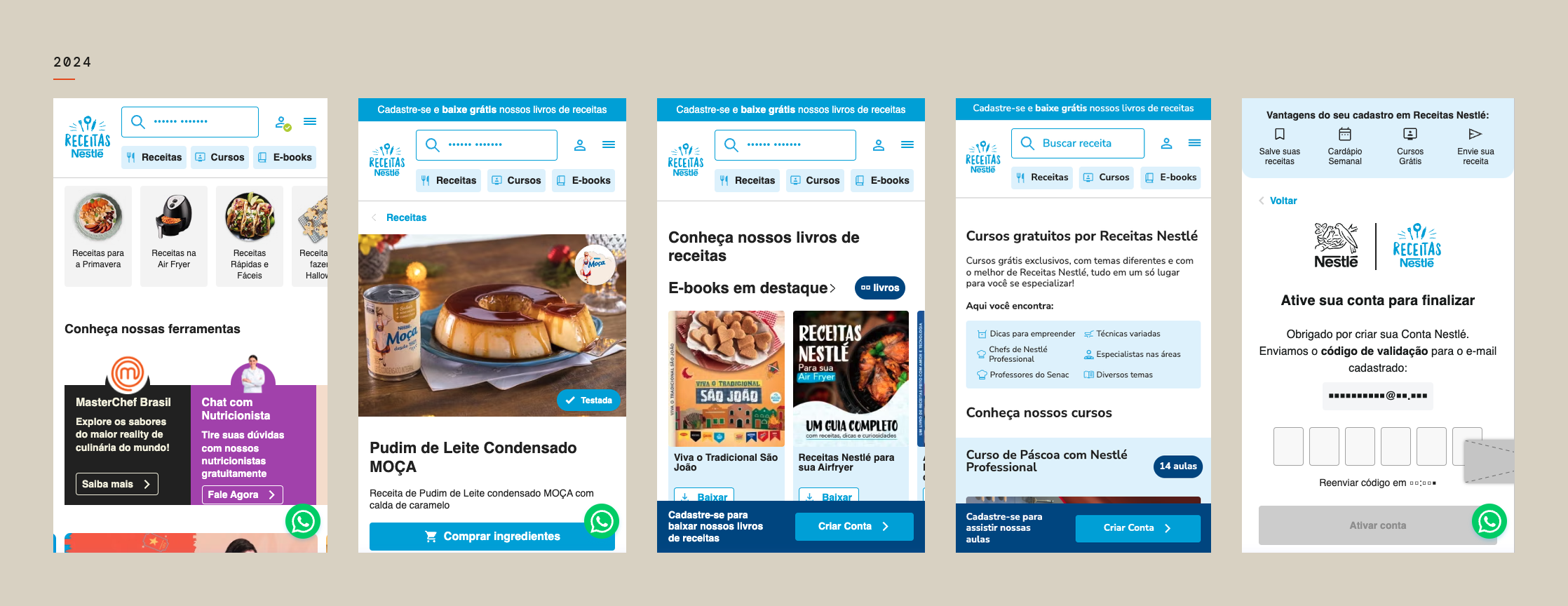 Five screens of the Receitas Nestlé mobile site after the 2024 redesign, showing the home, a recipe page, the e-books page, the courses page, and account activation.